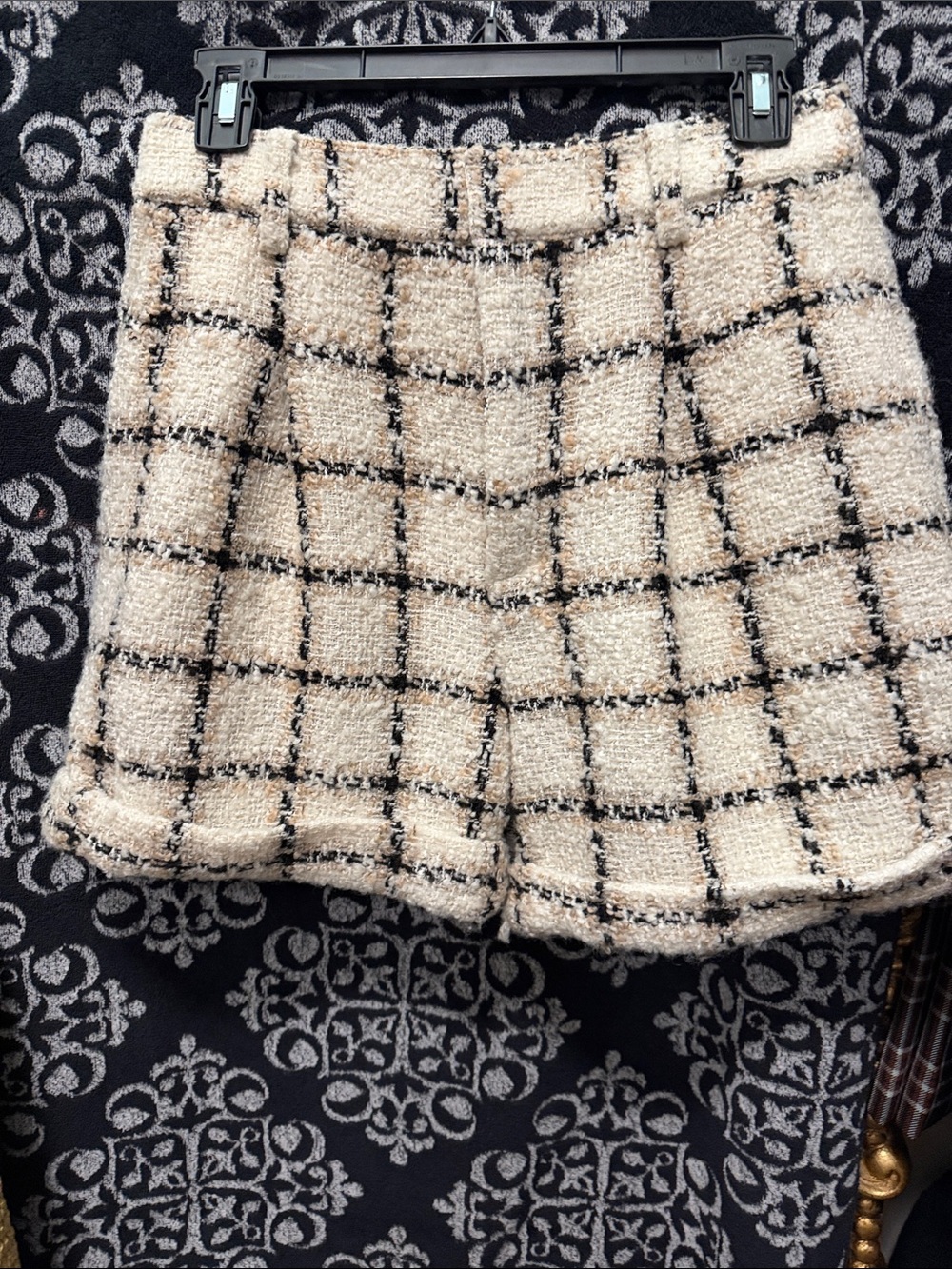 Anine Bing Cream and Black Windowpane Bouclé High-Waist Shorts